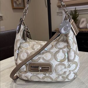 Coach Kristin Cream and Tan Signature Sequin Hobo Bag-EUC